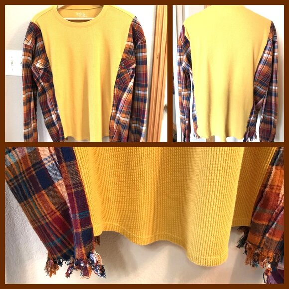 Flannel Shirt Upcycle, M-L: Reworked Oversized Yellow Gold Waffle Knit, Fringe - Picture 10 of 10